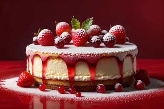 cottage cheese pie with ripe red currants in a plate isolated on a red background .