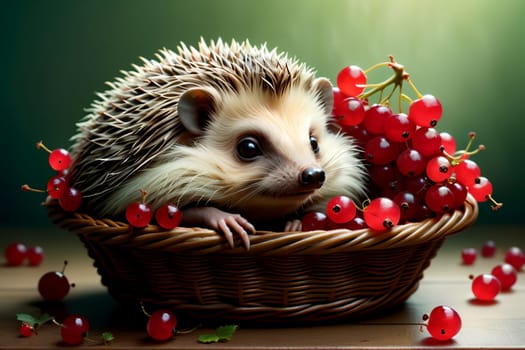 hedgehog sitting in a basket with ripe red currants .