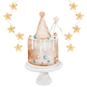 Birthday cake watercolor. Vintage illustration hand drawing of a holiday pie. Clip art isolated on white background sweet pastries. Ideal for designing baby shower and birthday cards and invitations. High quality photo