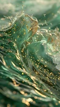 A macro photograph capturing the intricate patterns of a green and gold wave in the ocean, resembling a terrestrial plant swaying in the wind