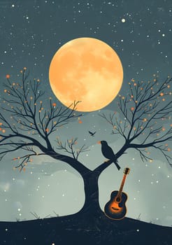 A guitar rests beneath a tree with a full moon glowing in the sky, creating an atmospheric scene blending nature, art, and the beauty of the natural landscape