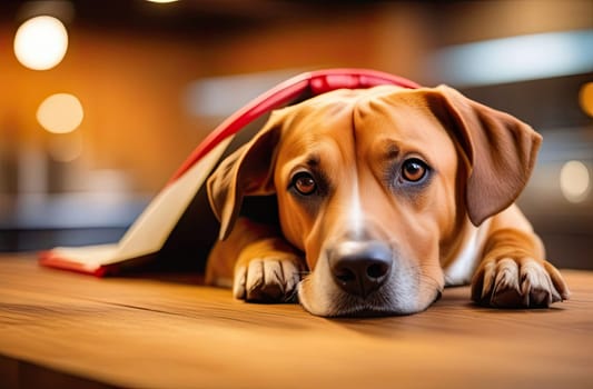 Animals. Vet clinic. A large, red, sick and weak dog lies on the table in the veterinarian’s office, with sad eyes, covered with a blanket. Close-up.