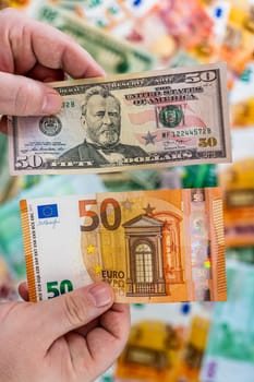 Mix of world currency banknotes: USD, EURO, CHF, LEI
