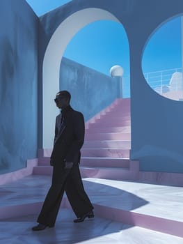 A fictional character wearing an electric blue suit is walking through a building with pink stairs, casting a shadow as he navigates the darkness