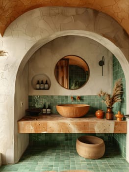 A room in a building with brickwork walls and a wooden sink, featuring green tiles and a wooden ceiling. The flooring is made of wood