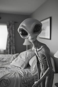 A blackandwhite photo of an alien wearing sunglasses, standing next to a bed. Its skeletal bone structure is visible, with a grey headgear on its head and a sharp jawline