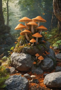 A cluster of edible mushrooms from the Agaricaceae family can be seen growing on a rock in the natural landscape, showcasing the symbiotic relationship between fungi and terrestrial plants