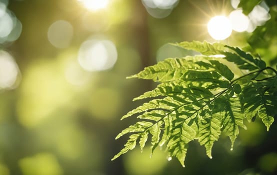 Green leaves background with sunbeams and lens flare. Natural green background