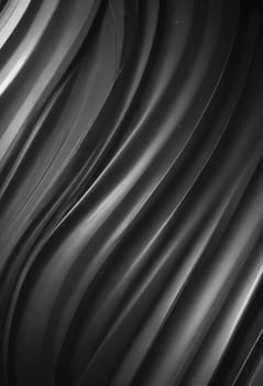 A detailed shot of a black and white striped pattern resembling a tire tread, set against a backdrop of a grey sky and a wooden building. The intricate design showcases different tints and shades