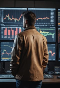 A man in a brown leather jacket with rolledup sleeves is viewing a computer screen. He looks official and fashionable, ready for a formal event or entertainment