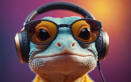 A reptile with electric blue sunglasses and headphones is staring at the camera, showcasing the importance of eyewear and personal protective equipment for terrestrial animals in macro photography