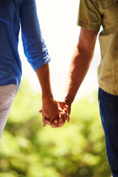 Couple, holding hands and bonding together in nature for romance and commitment in healthy relationship in outdoor. People, love and marriage with touch for care, trust and walking for break in park.