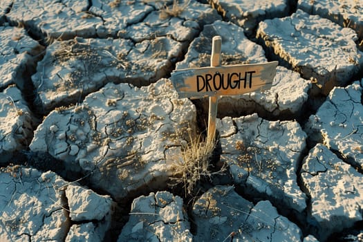 A wooden sign with the word DROUGHT stands prominently amidst a backdrop of parched, cracked soil, symbolizing the severity of water scarcity.