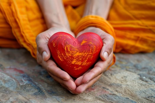 A person holding a bright red heart between their hands, showcasing love and care in a heartfelt gesture.