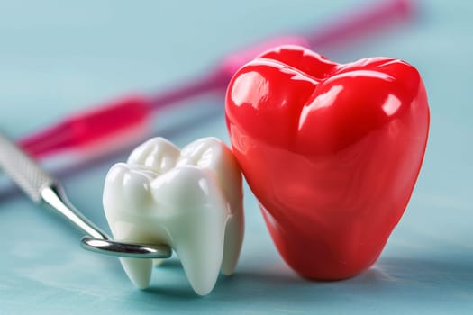 A toothbrush rests next to a tooth in the shape of a heart. The toothbrush and tooth are displayed against a plain background.