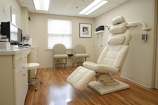 A well-equipped dental clinic room featuring a high-tech patient chair, dental tools, computer monitors, and comfortable seating under bright lighting.