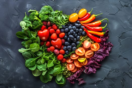 Heart shaped arrangement made from a variety of vibrant fruits and vegetables, showcasing colors and shapes in a creative display.