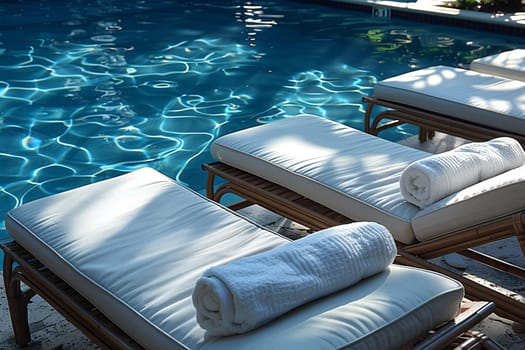 A view of a pristine swimming pool surrounded by comfortable chaise lounges, inviting relaxation and enjoyment under the sun.