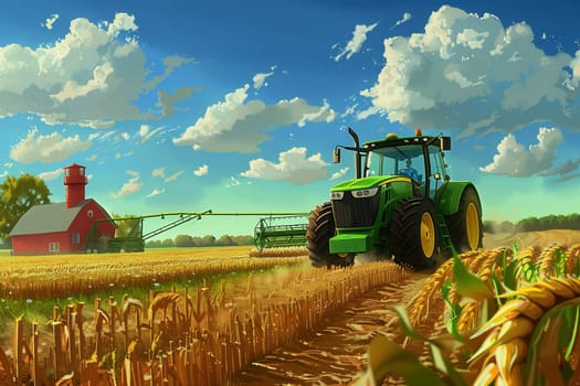 A realistic painting depicting a tractor actively plowing through a vast corn field on a sunny day.