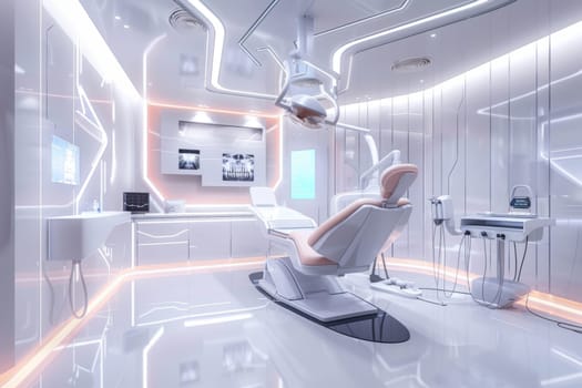 A cutting-edge dental clinic furnished with advanced equipment, featuring a futuristic chair and lighting, for optimal patient care