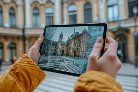 Hands hold a tablet displaying an augmented reality overlay of a historic building, blending technology with architecture