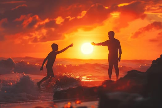Two silhouettes against a vibrant sunset over the ocean, one person reaching out to the other amidst dynamic waves