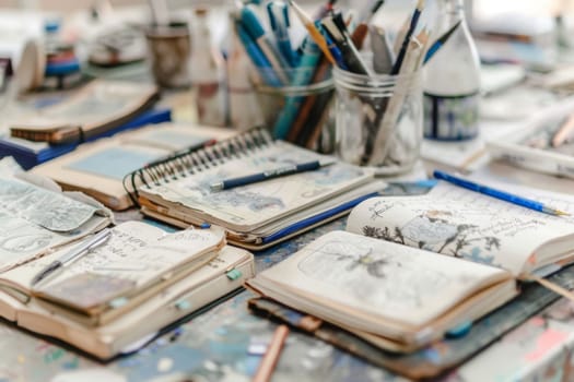 An open notebook filled with sketches and writing ideas lies amidst a cluttered table with pens and art supplies, capturing the essence of a creative brainstorming session