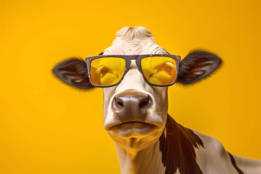 A quirky portrait of a white cow donning fashionable sunglasses and a yellow bandana, set against a vivid yellow background
