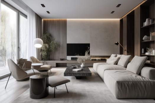 A contemporary living room interior featuring a neutral color palette with beige sofas, wooden elements, abstract wall art, and diffused natural light