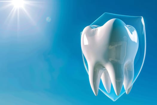 A concept image featuring a shield superimposed over a tooth against a clear blue sky, symbolizing dental protection