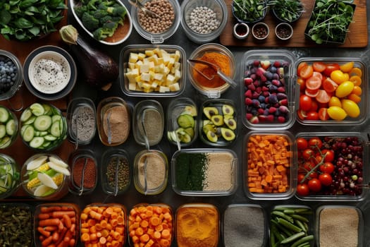 An organized display of plant-based foods neatly arranged in containers, showcasing a variety of colorful vegetables and grains for a healthy diet