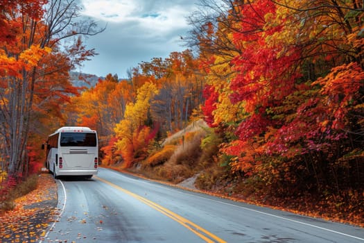 A bus driving on a road flanked by vibrant autumn foliage, a scene of seasonal travel.