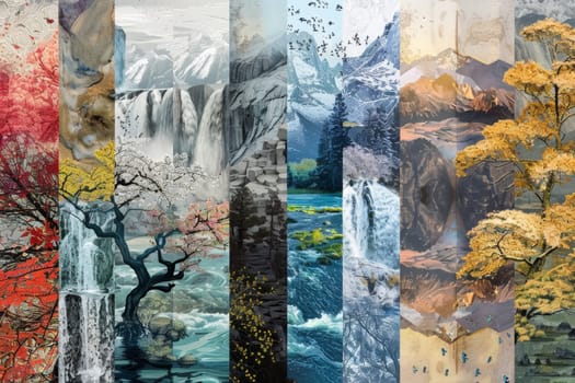 A vibrant collage blending various serene landscapes, highlighting nature's diverse beauty with elements from different seasons and times of day.
