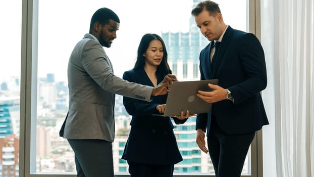 Ornamented office overlooking city skyline, diversity corporate professional discuss ambitious business expansion or strategic marketing. Financial advisor give consulting business insights and idea