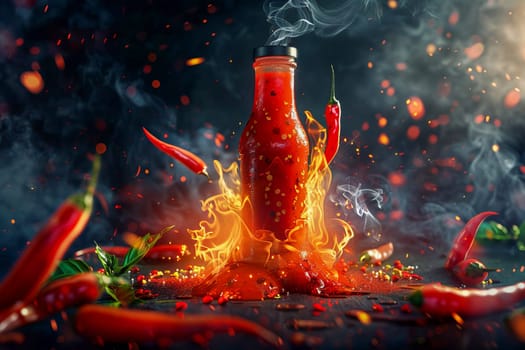 A bottle of hot sauce with flames and red chili peppers swirling around it.