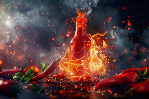 A bottle of hot sauce with flames and red chili peppers swirling around it.