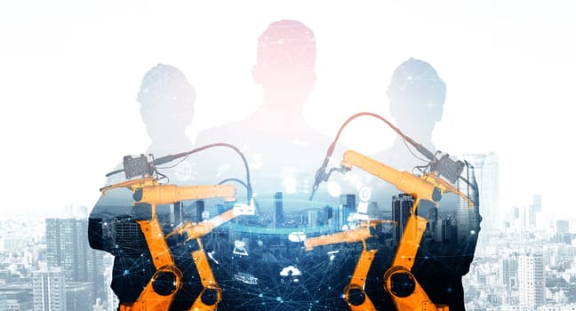 XAI Mechanized industry robot arm and factory worker double exposure. Concept of robotics technology for industrial revolution and automated manufacturing process.