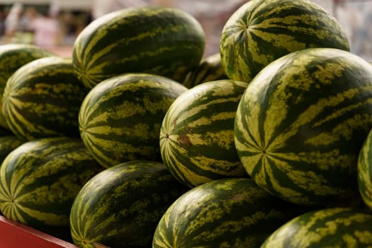 A stack of fresh watermelons piled on top of each other, showcasing their vibrant green skin and contrasting red flesh.