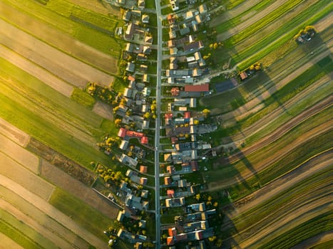 Aerial view directly from above on fields and buildings of Suloszowa village in Krakow County, Poland