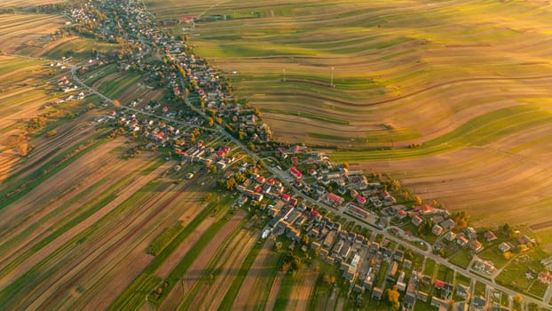 Panoramic aerial view of Suloszowa village in Krakow County, Poland. Summer landscape with cultivated fields and settlement along road in sunlight