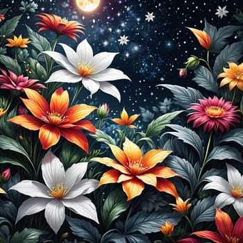 Contrast between bright flowers, dark background gives image special atmosphere, appeal, highlighting its beauty wonder. For home interior, bedroom, living room, childrens room to add bright colors