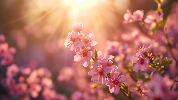 A close-up view of delicate pink cherry blossoms basking in the warm, golden sunlight of an early spring evening - Generative AI