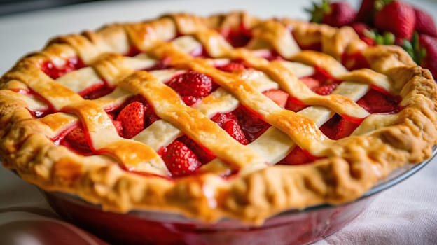 A delicious strawberry pie sits cooling on the countertop, highlighted by the intricate lattice crust work on top - Gnerative AI