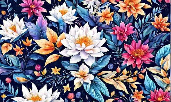 Vibrant flower painting set against dark backdrop. Bright colors of flowers pop out, creating visually appealing, captivating piece of artwork. For art, creative projects, fashion, style, magazines