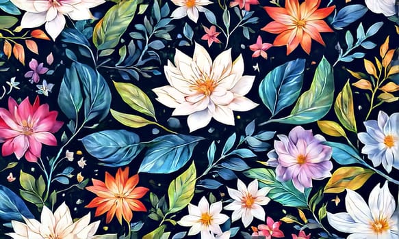 Striking, colorful flower painting with intricate details, vivid hues, beautifully contrasted against dark, black background. For interior design, textiles, clothing, gift wrapping, web design, print