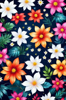 Vibrant colorful flowers set against dark background. For meditation apps, on covers of books about spiritual growth, in designs for yoga studios, spa salons, illustration for articles on inner peace