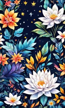 Vibrant colorful flowers set against dark background. For meditation apps, on covers of books about spiritual growth, in designs for yoga studios, spa salons, illustration for articles on inner peace