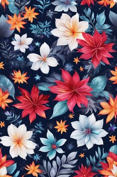 Striking, colorful flower painting with intricate details, vivid hues, beautifully contrasted against dark, black background. For interior design, textiles, clothing, gift wrapping, web design, print