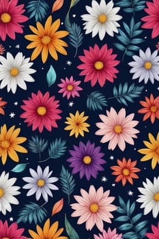 Vibrant, intricate floral design set against dark background, creating visually appealing contrast between colorful flowers, dark backdrop. For website design, advertising, greeting cards, magazines