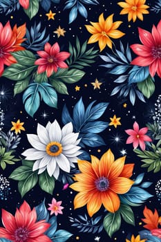 Striking, colorful flower painting with intricate details, vivid hues, beautifully contrasted against dark, black background. For interior design, textiles, clothing, gift wrapping, web design, print